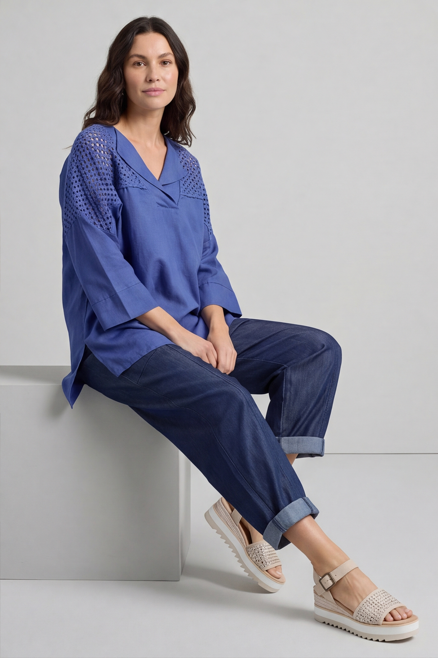 Natasha Crochet Shoulder Linen Top Royal Blue