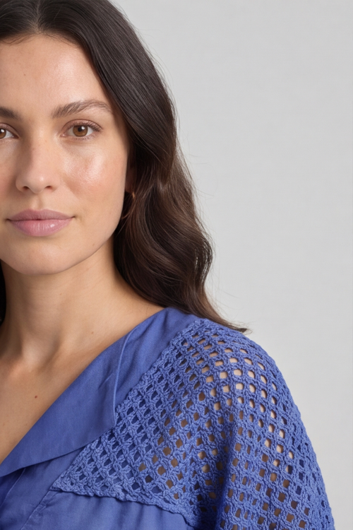 Natasha Crochet Shoulder Linen Top Royal Blue - Image 3