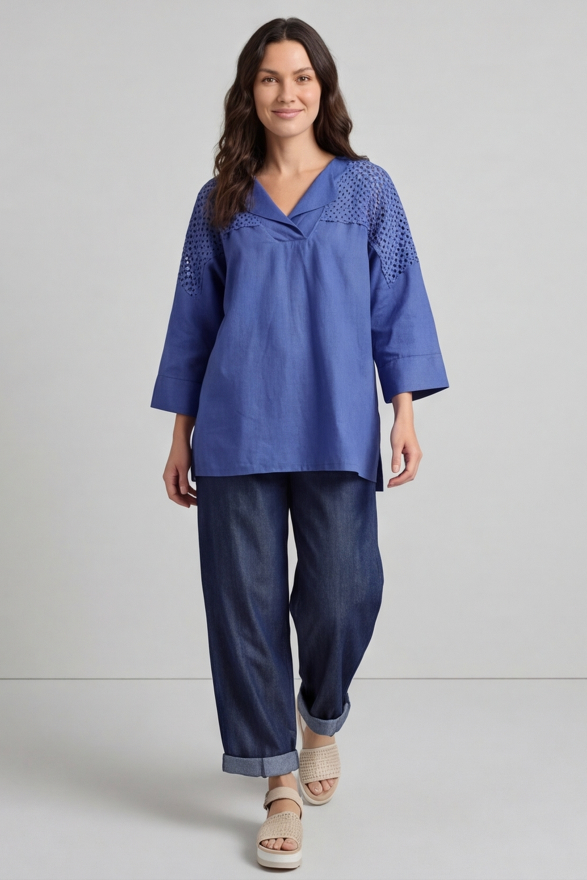 Natasha Crochet Shoulder Linen Top Royal Blue