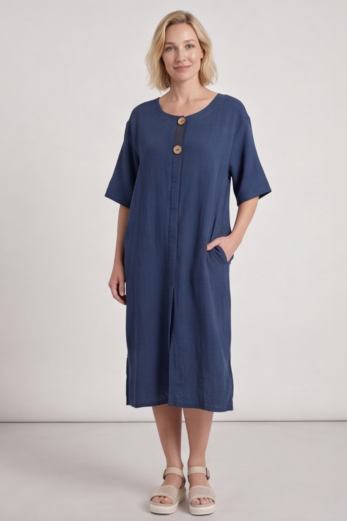 Pauline Linen 2 Piece Cardigan and Dress Set Navy