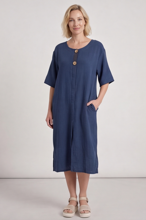 Pauline Linen 2 Piece Cardigan and Dress Set Navy - Image 6
