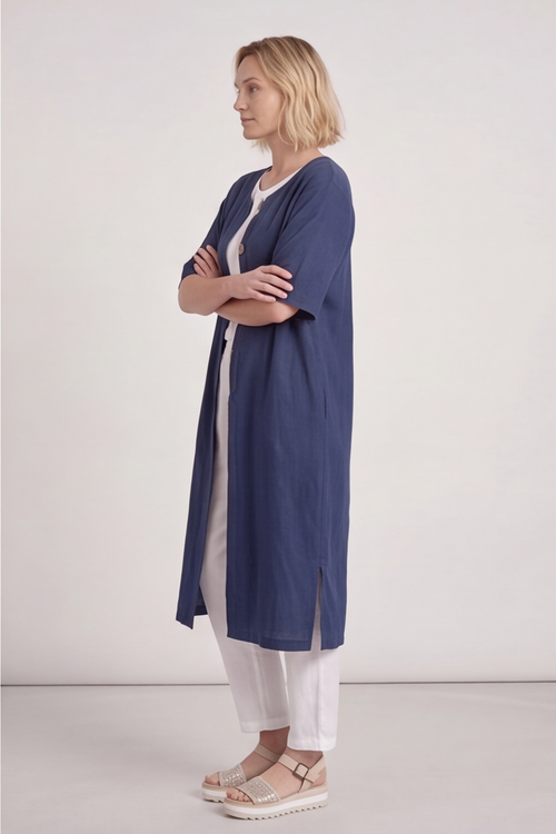 Pauline Linen 2 Piece Cardigan and Dress Set Navy - Image 3