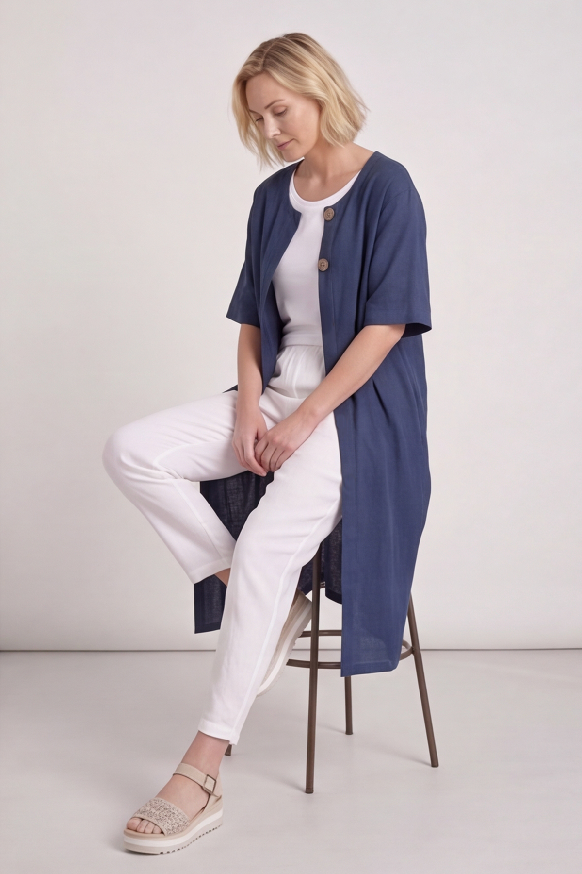 Pauline Linen 2 Piece Cardigan and Dress Set Navy