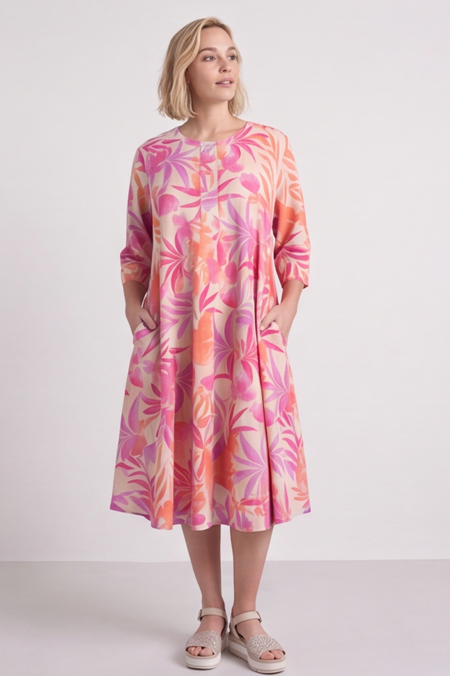 Eleni Botanical Print Linen Dress Stone