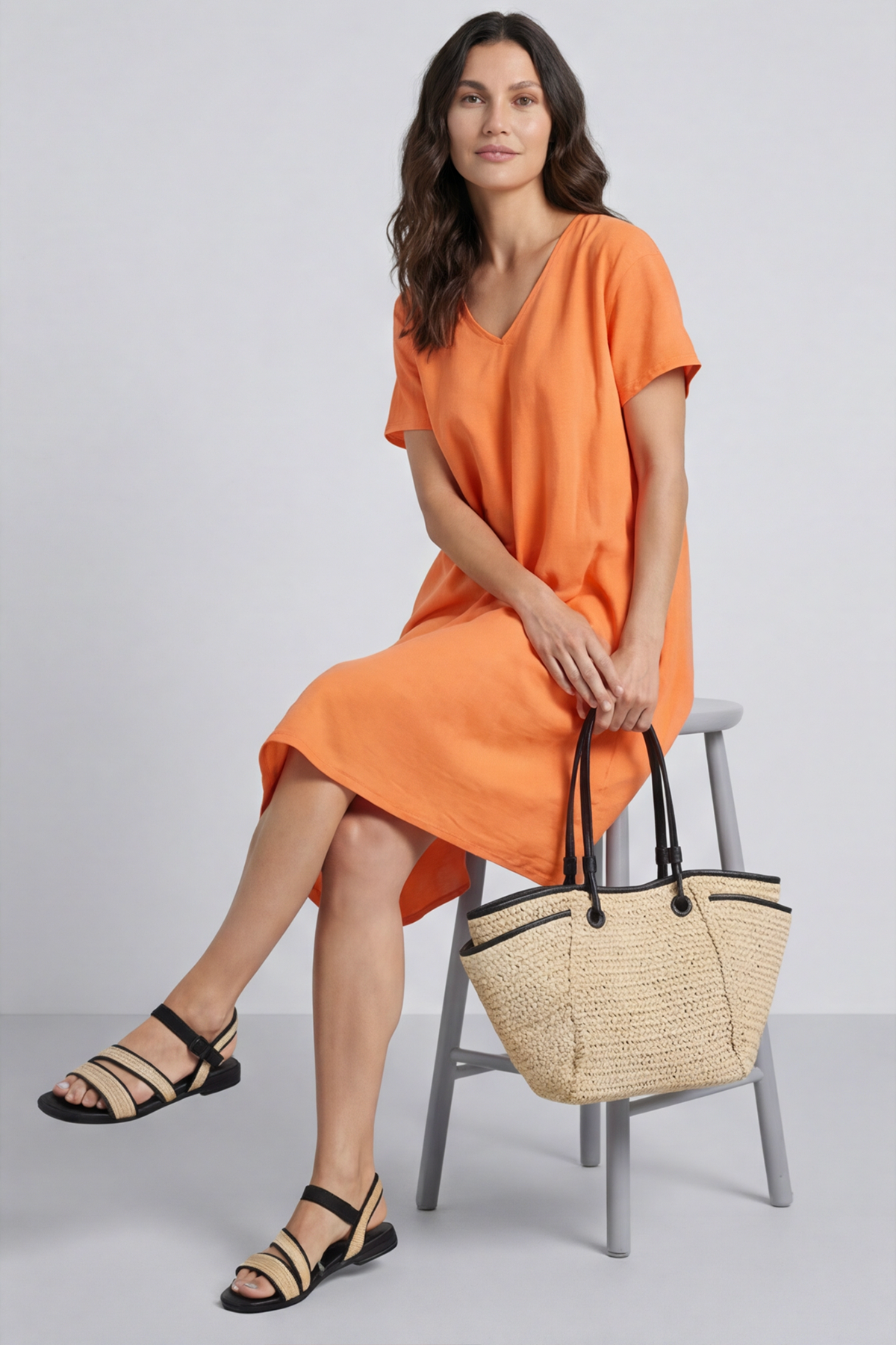 Nivana Dip Side Linen Dress Orange