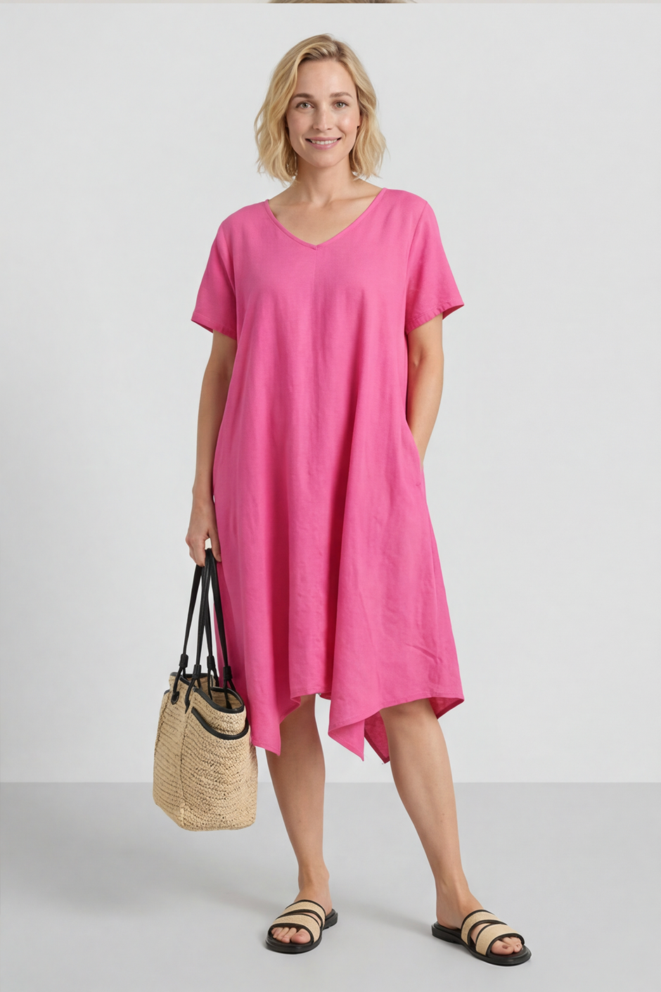Nivana Dip Side Linen Dress Fuchsia