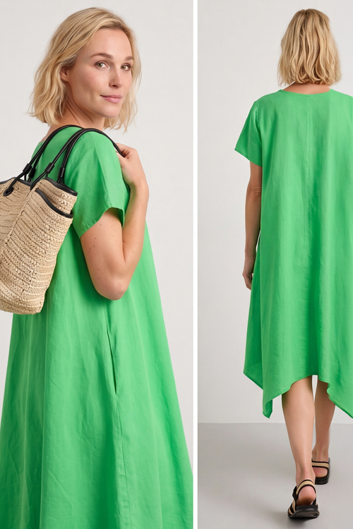 Nivana Dip Side Linen Dress Green - Image 2