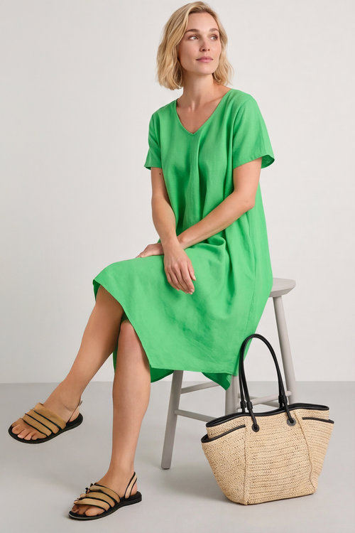 Nivana Dip Side Linen Dress Green - Image 3
