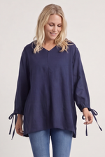 Nulvi V-Neck Linen Top Navy Navy - Nulvi V-Neck Linen Top Navy