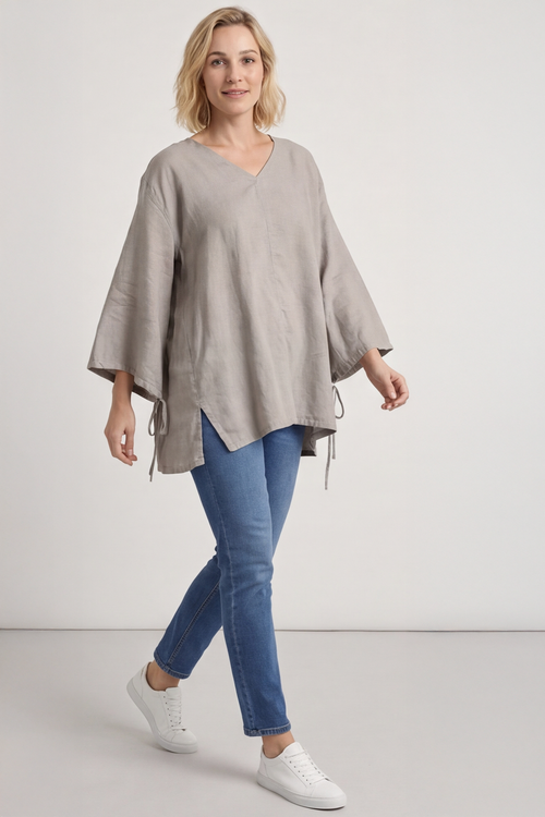 Nulvi V-Neck Linen Top Camel - Image 4