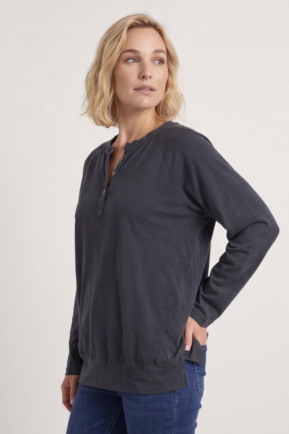 Nyree Button Cotton Top Charcoal