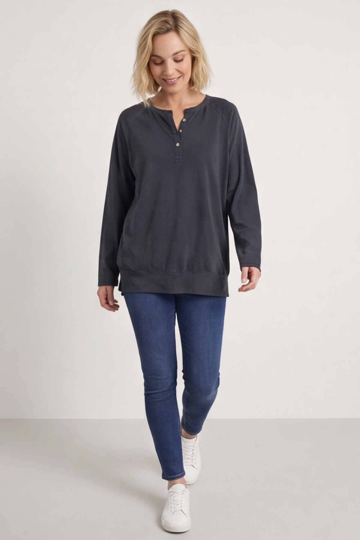 Nyree Button Cotton Top Charcoal