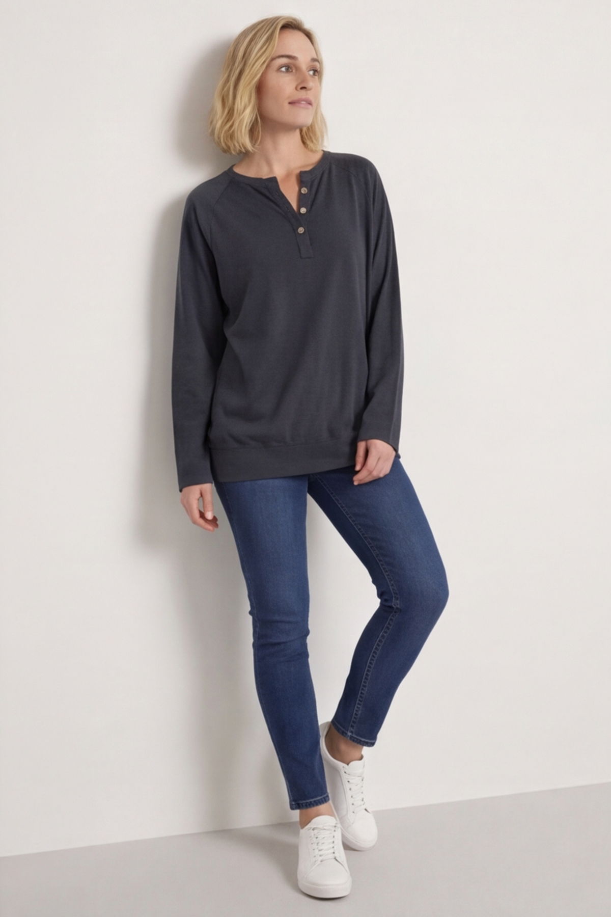 Nyree Button Cotton Top Charcoal