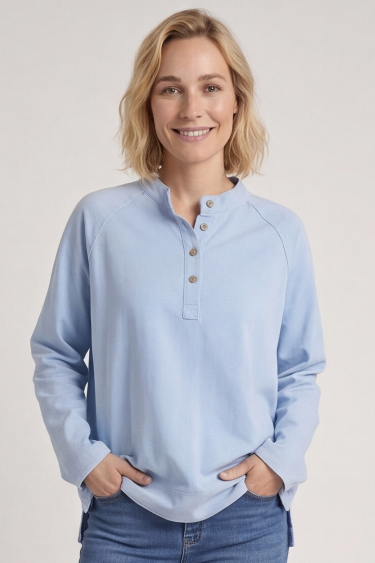 Nyree Button Cotton Top Light Blue