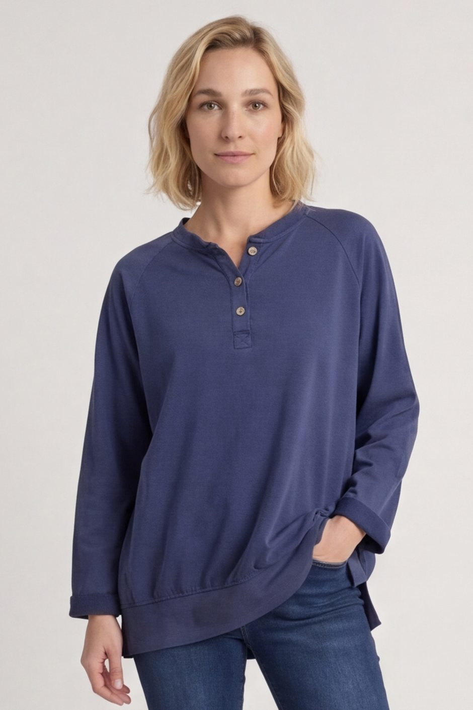 Nyree Button Cotton Top Navy