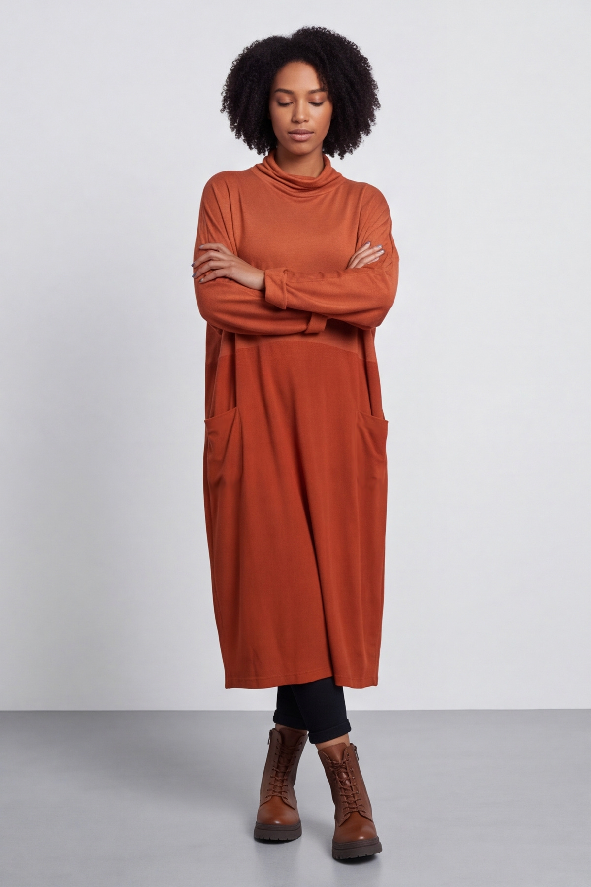 Libby Cowl Neck Cotton Dress Burnt Orange