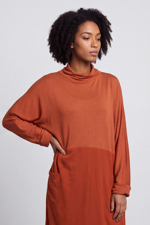 Libby Cowl Neck Cotton Dress Burnt Orange - Image 5