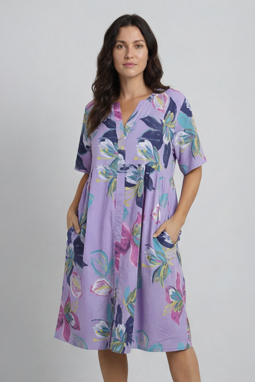 Penny Print Linen Dress Purple - Image 1