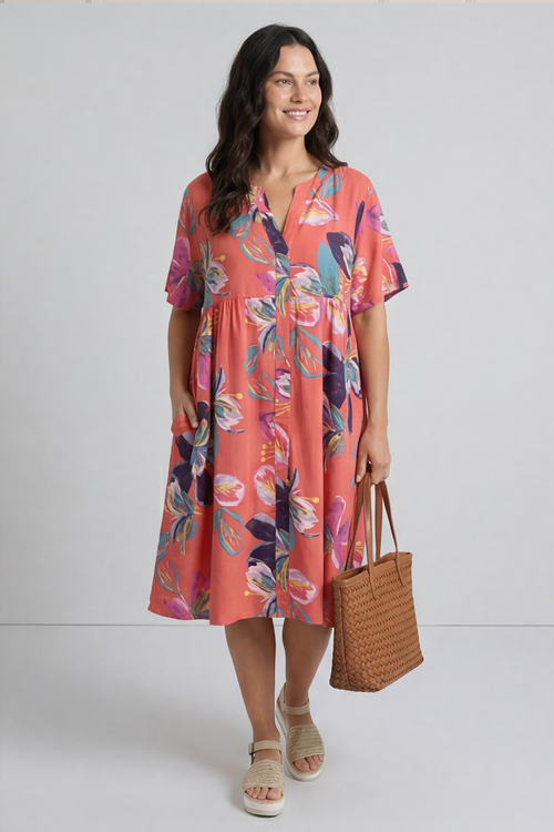 Penny Print Linen Dress Coral - Image 1