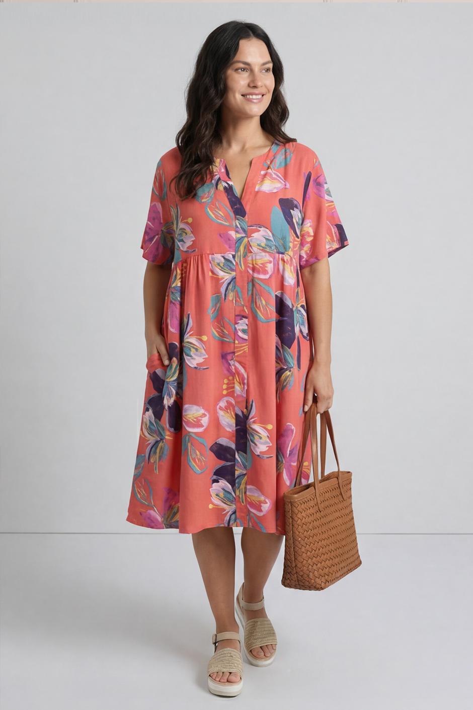 Penny Print Linen Dress Coral