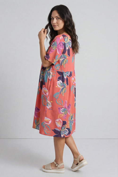 Penny Print Linen Dress Coral - Image 3