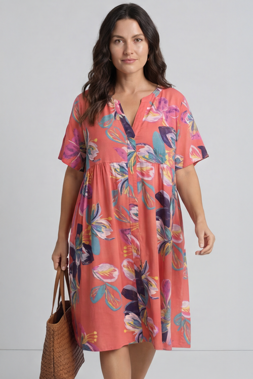 Penny Print Linen Dress Coral - Image 2