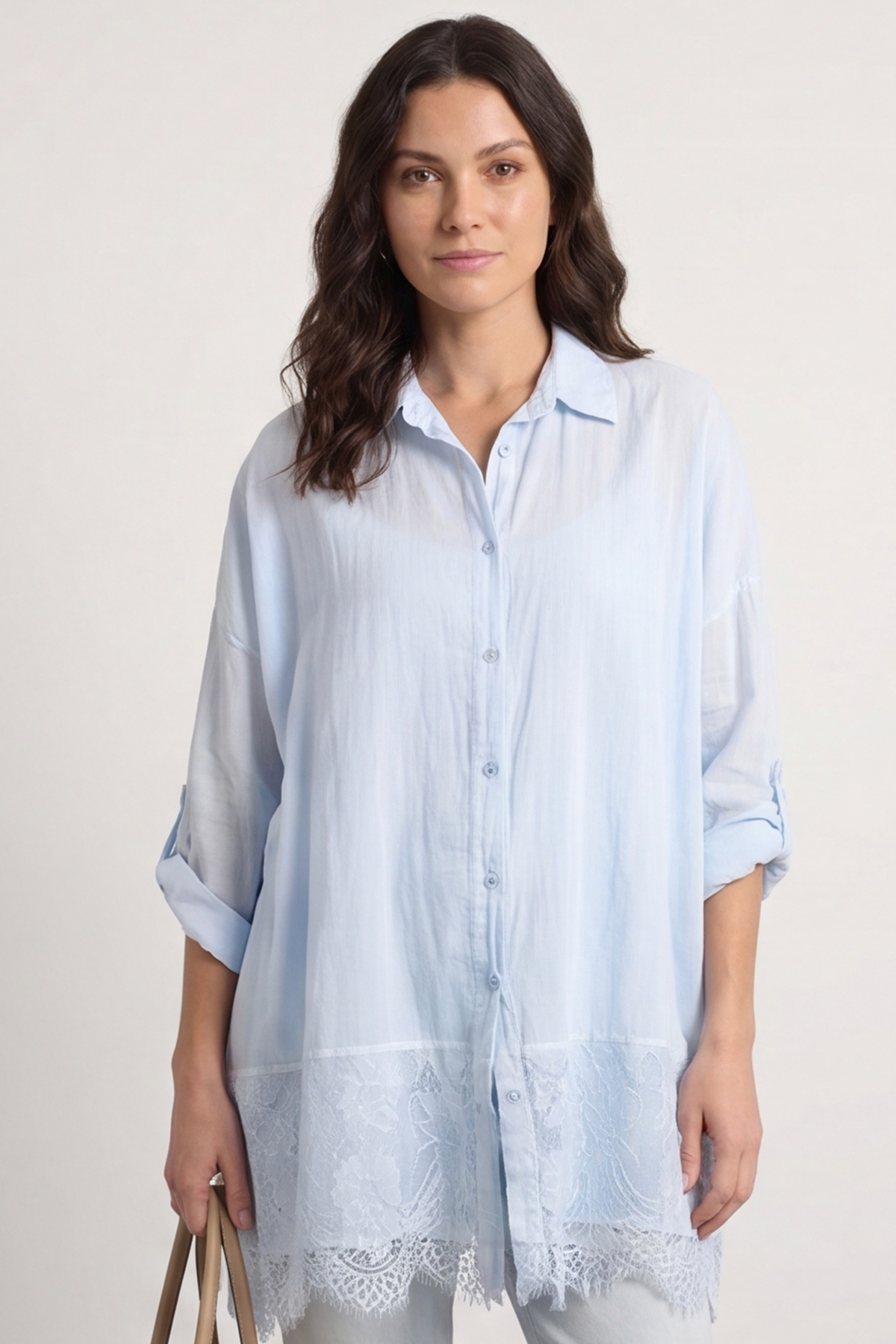 Reban Lace Trim Cotton Shirt Light Blue