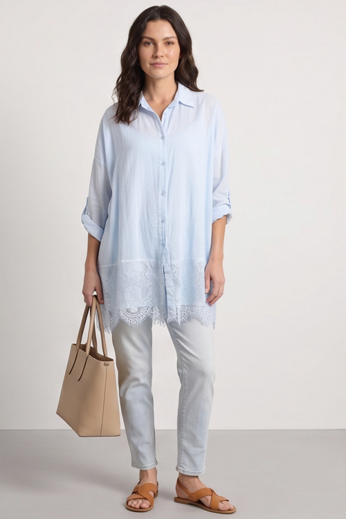 Reban Lace Trim Cotton Shirt Light Blue - Image 2
