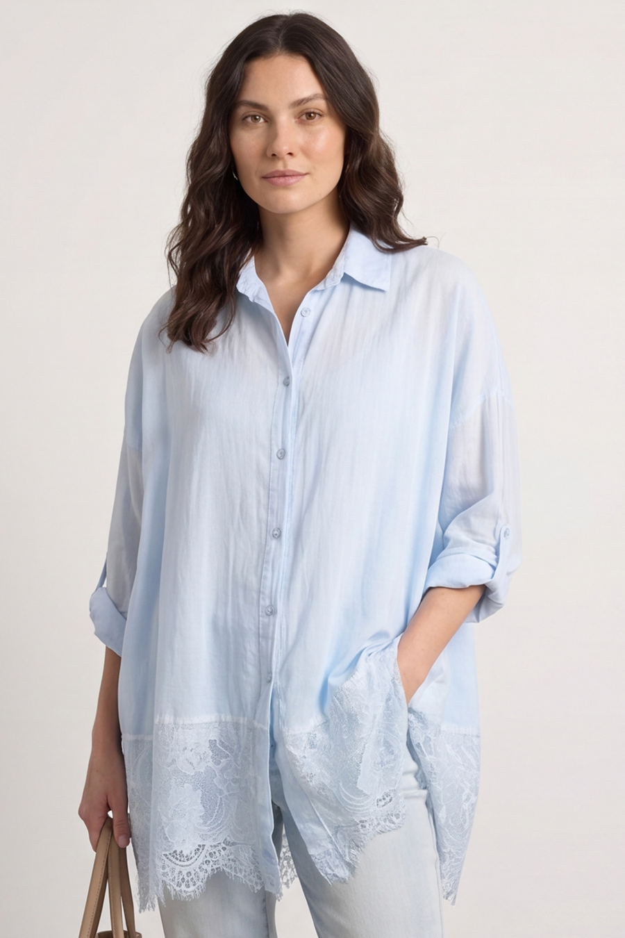 Reban Lace Trim Cotton Shirt Light Blue