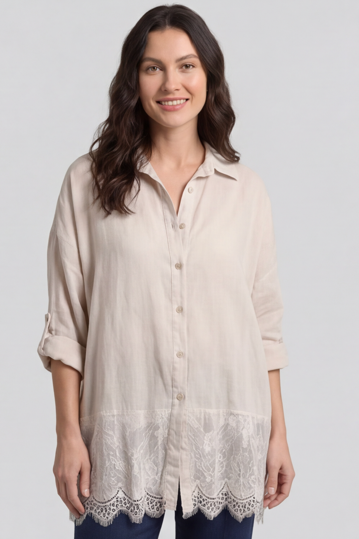Reban Lace Trim Cotton Shirt Stone