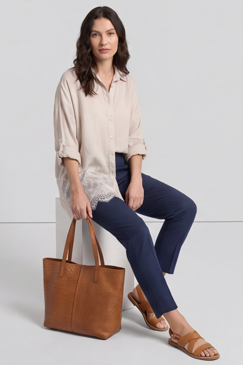 Reban Lace Trim Cotton Shirt Stone - Image 4