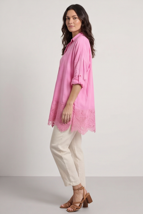 Reban Lace Trim Cotton Shirt Fuchsia - Image 1