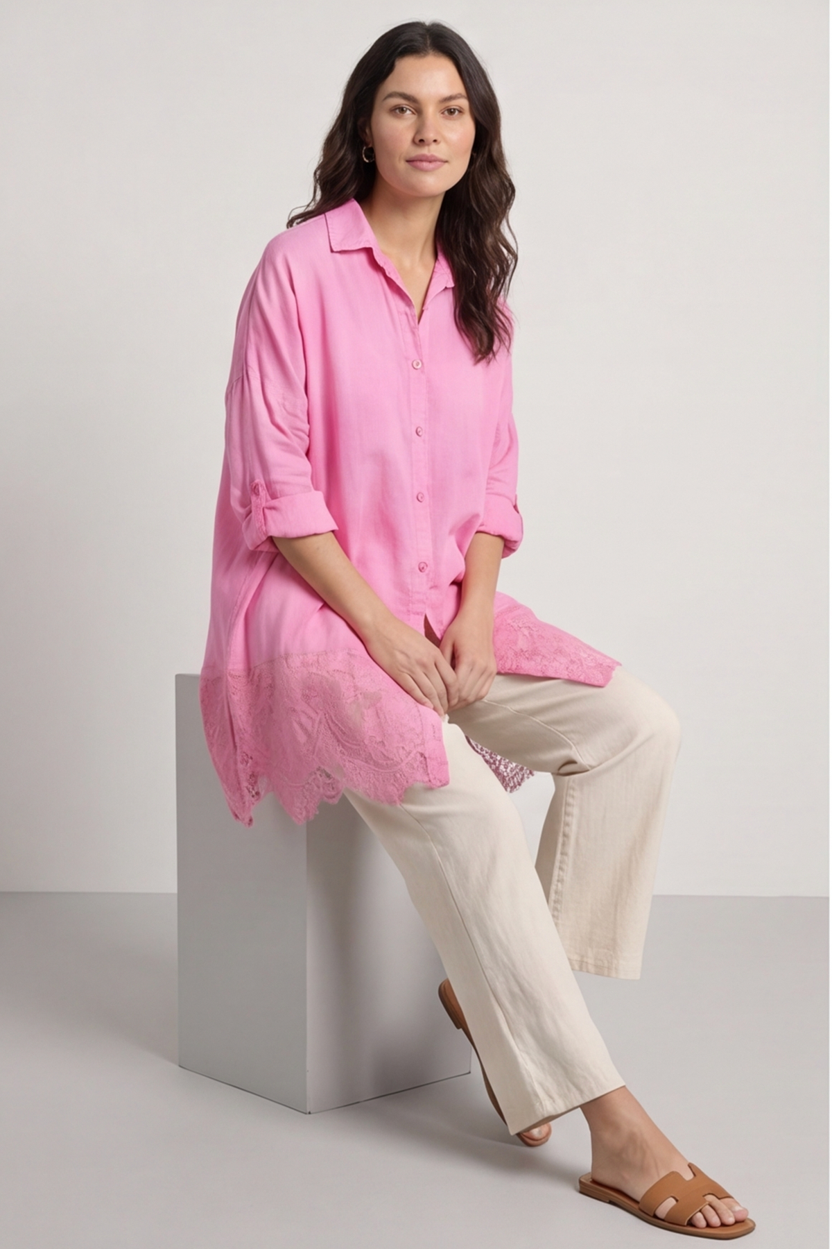 Reban Lace Trim Cotton Shirt Fuchsia