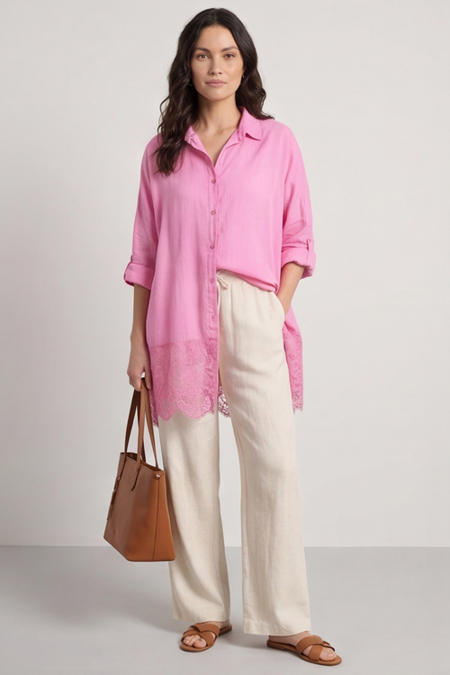 Reban Lace Trim Cotton Shirt Fuchsia - Image 3