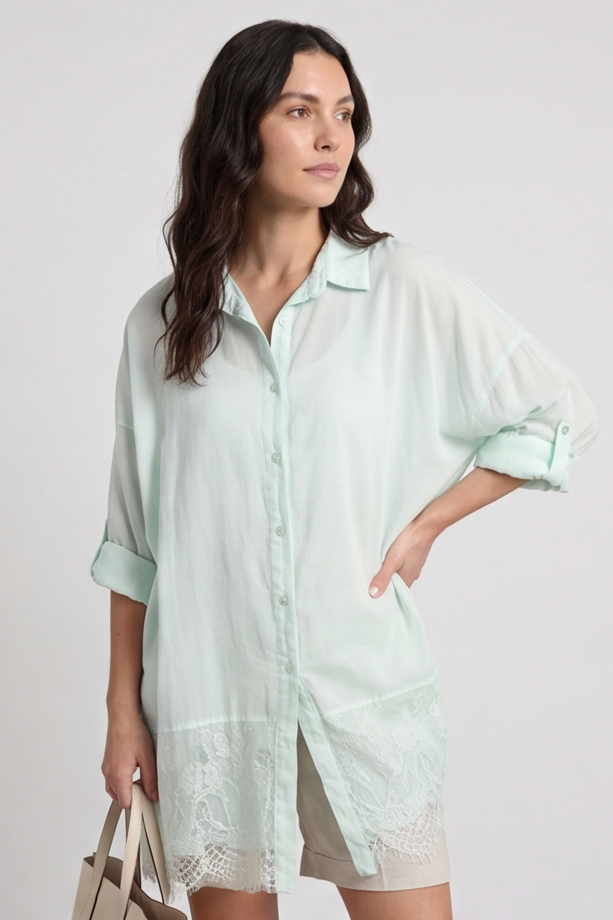 Reban Lace Trim Cotton Shirt Mint