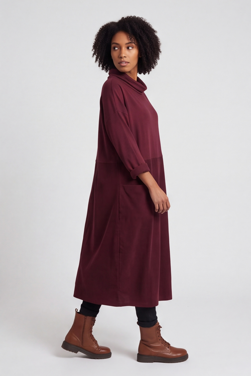 Libby Cowl Neck Cotton Dress Wine - Image 2