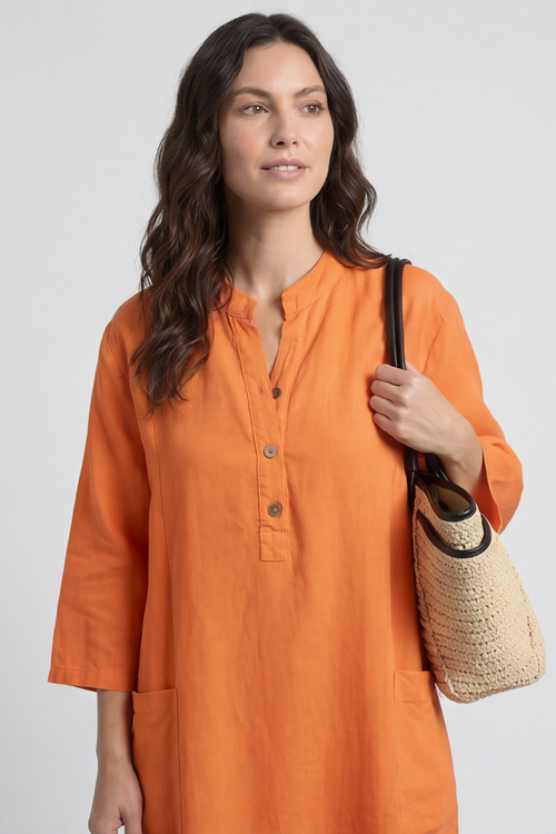 Reese Button Linen Dress Orange - Image 3