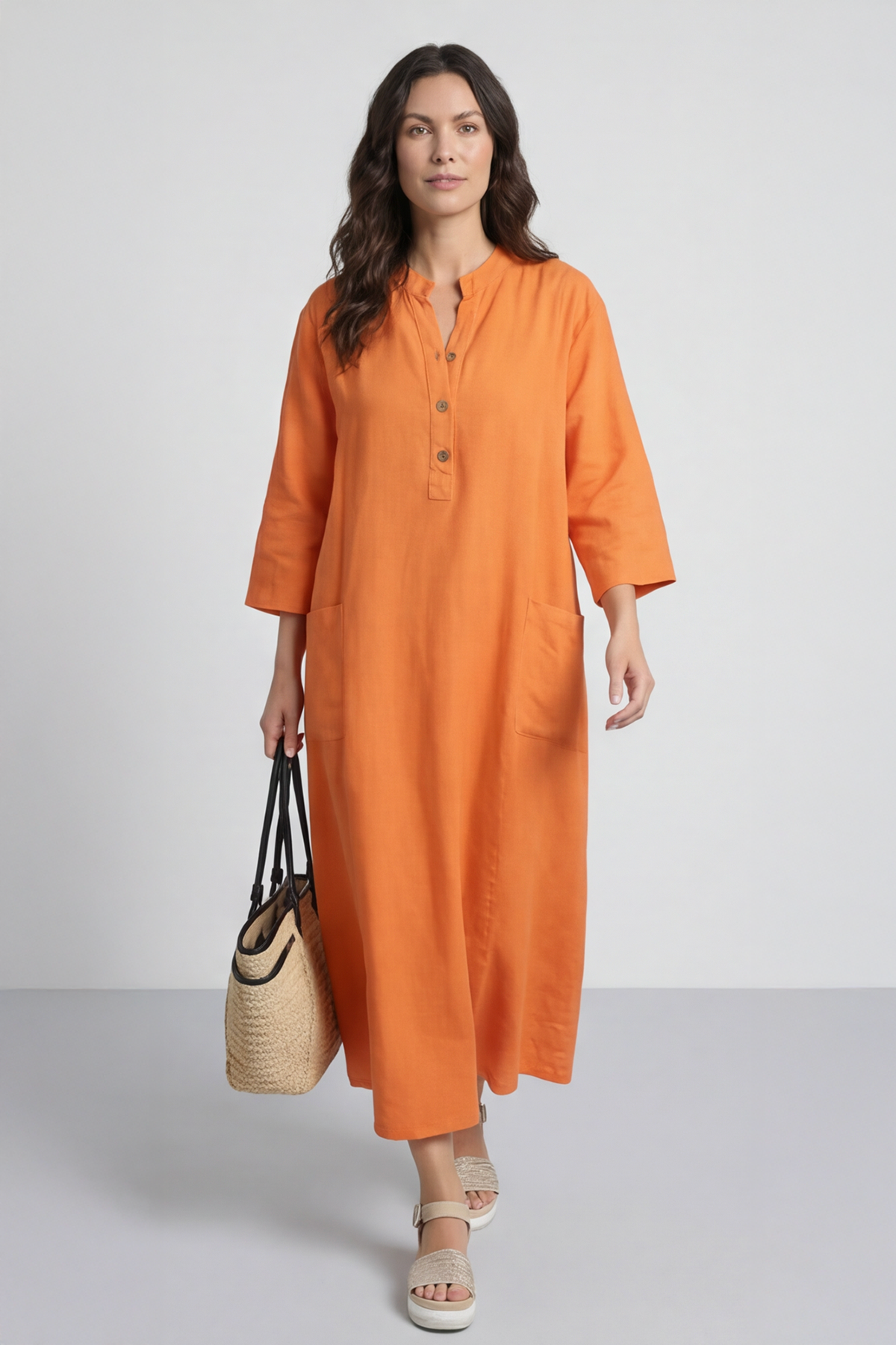 Reese Button Linen Dress Orange