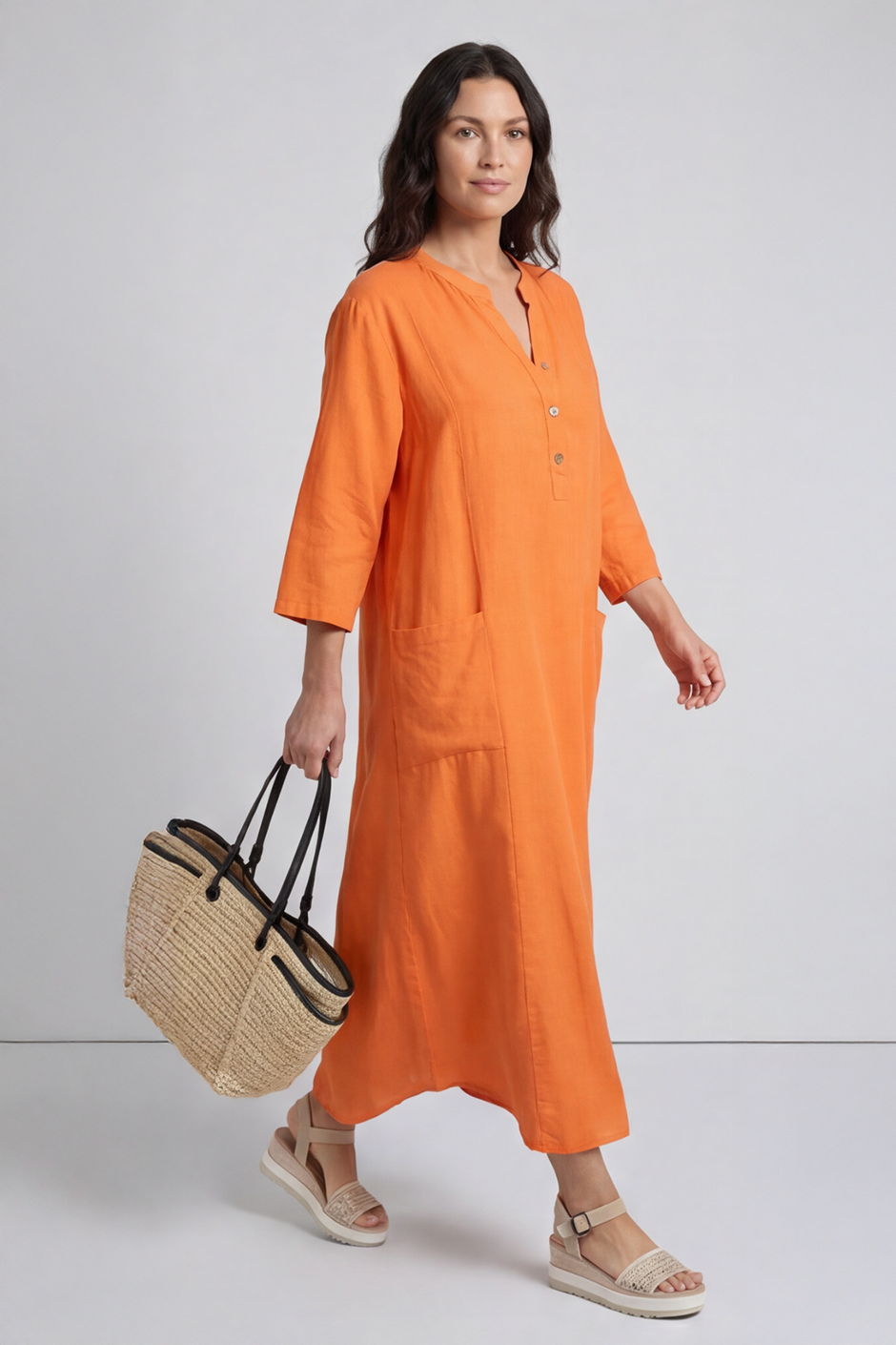 Reese Button Linen Dress Orange