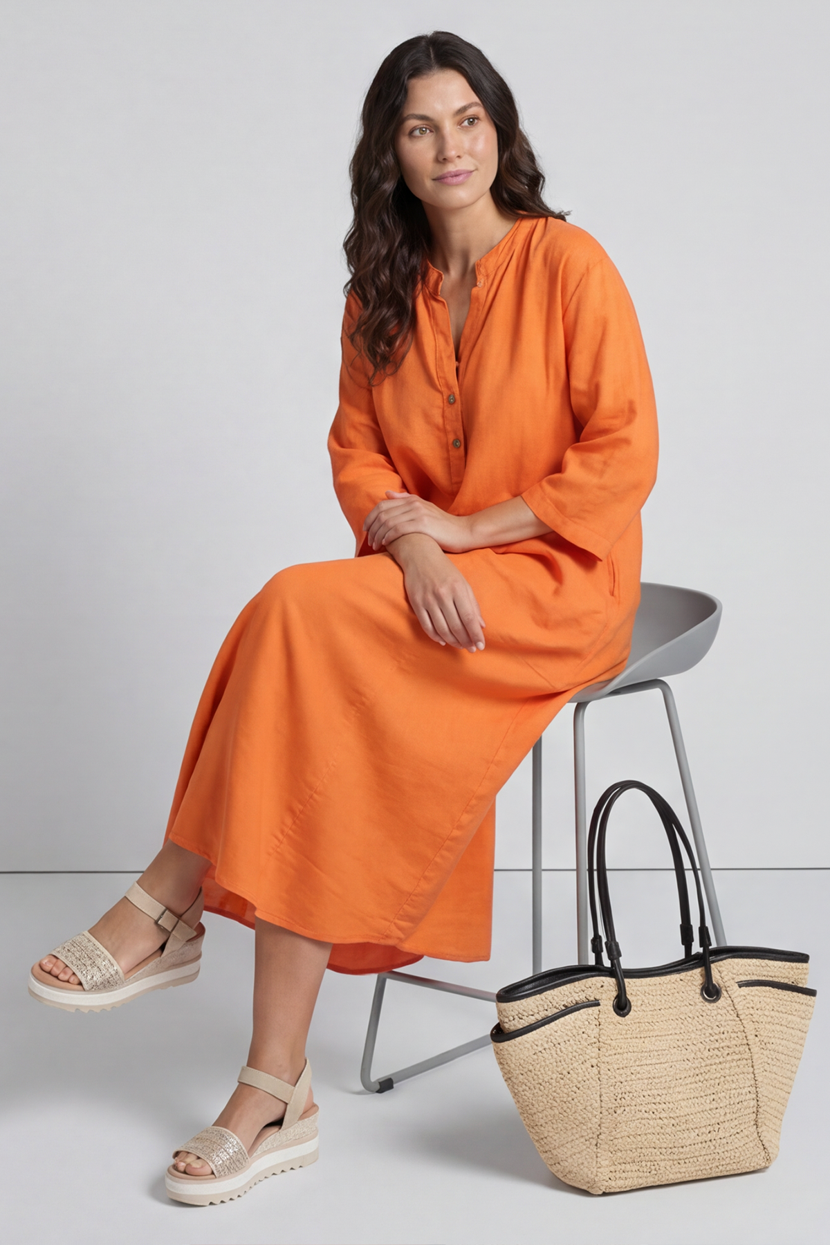 Reese Button Linen Dress Orange