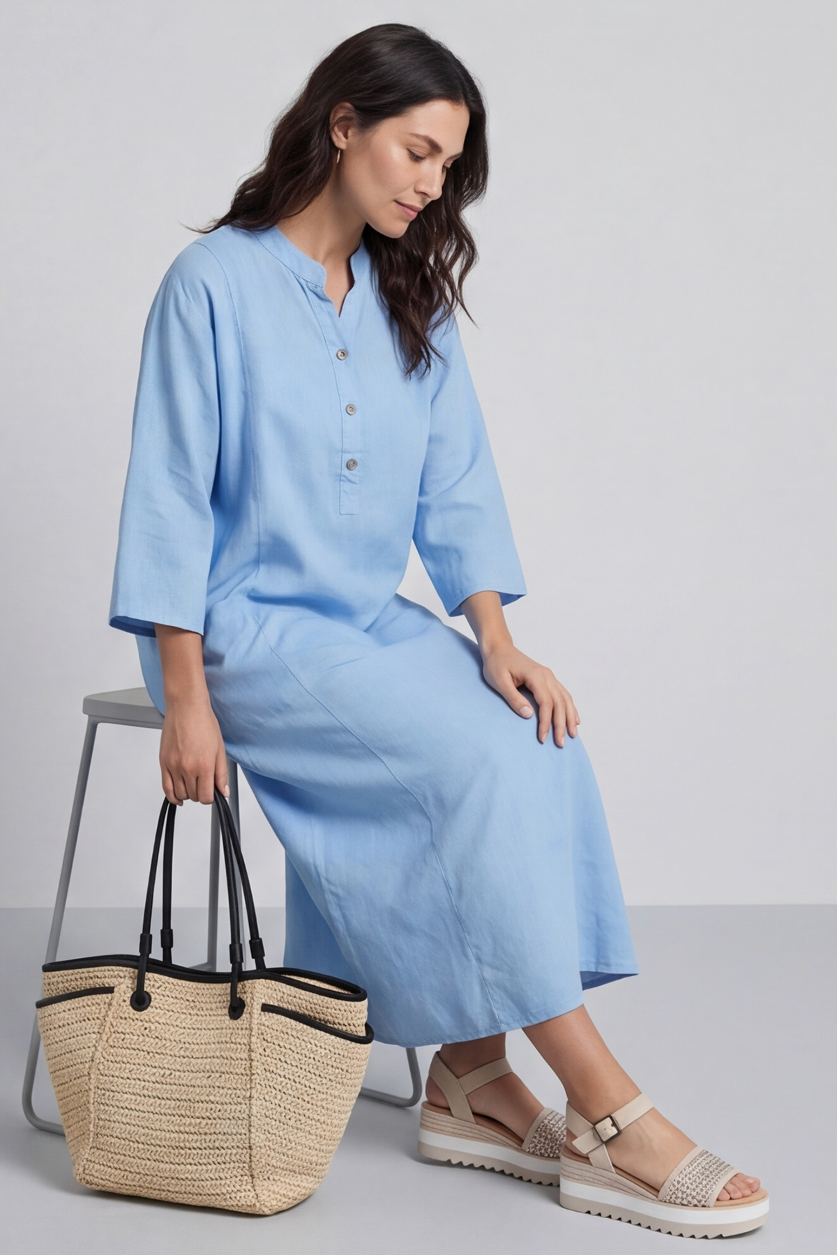 Reese Button Linen Dress Powder Blue