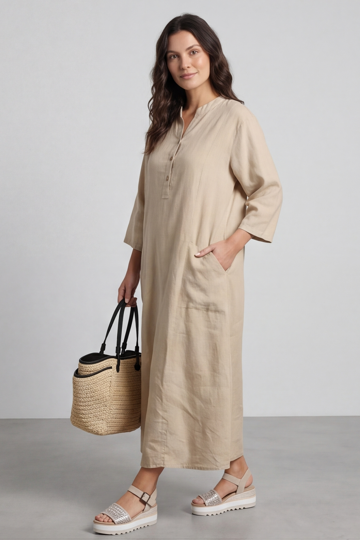 Reese Button Linen Dress Camel