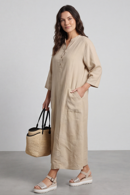 Reese Button Linen Dress Camel - Image 2