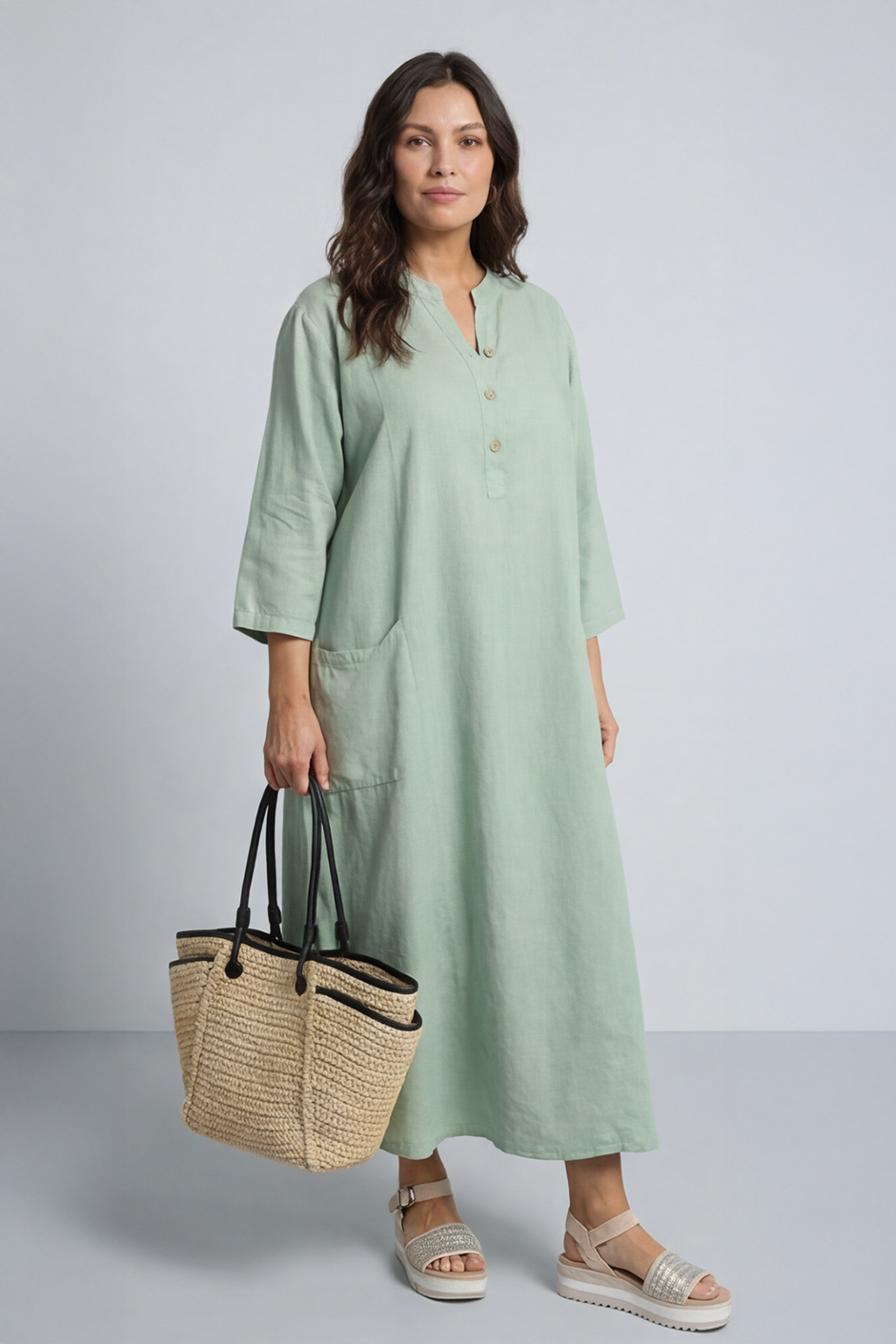 Reese Button Linen Dress Sage Green