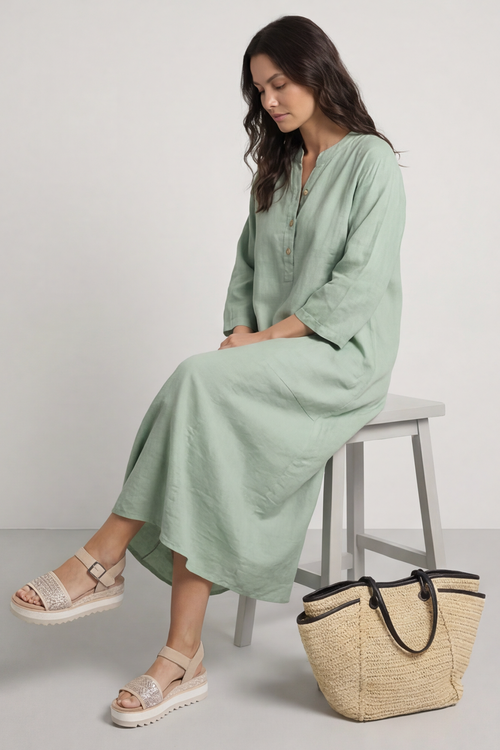 Reese Button Linen Dress Sage Green - Image 2
