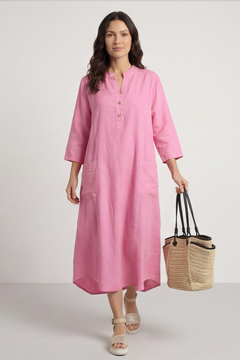 Reese Button Linen Dress Fuchsia