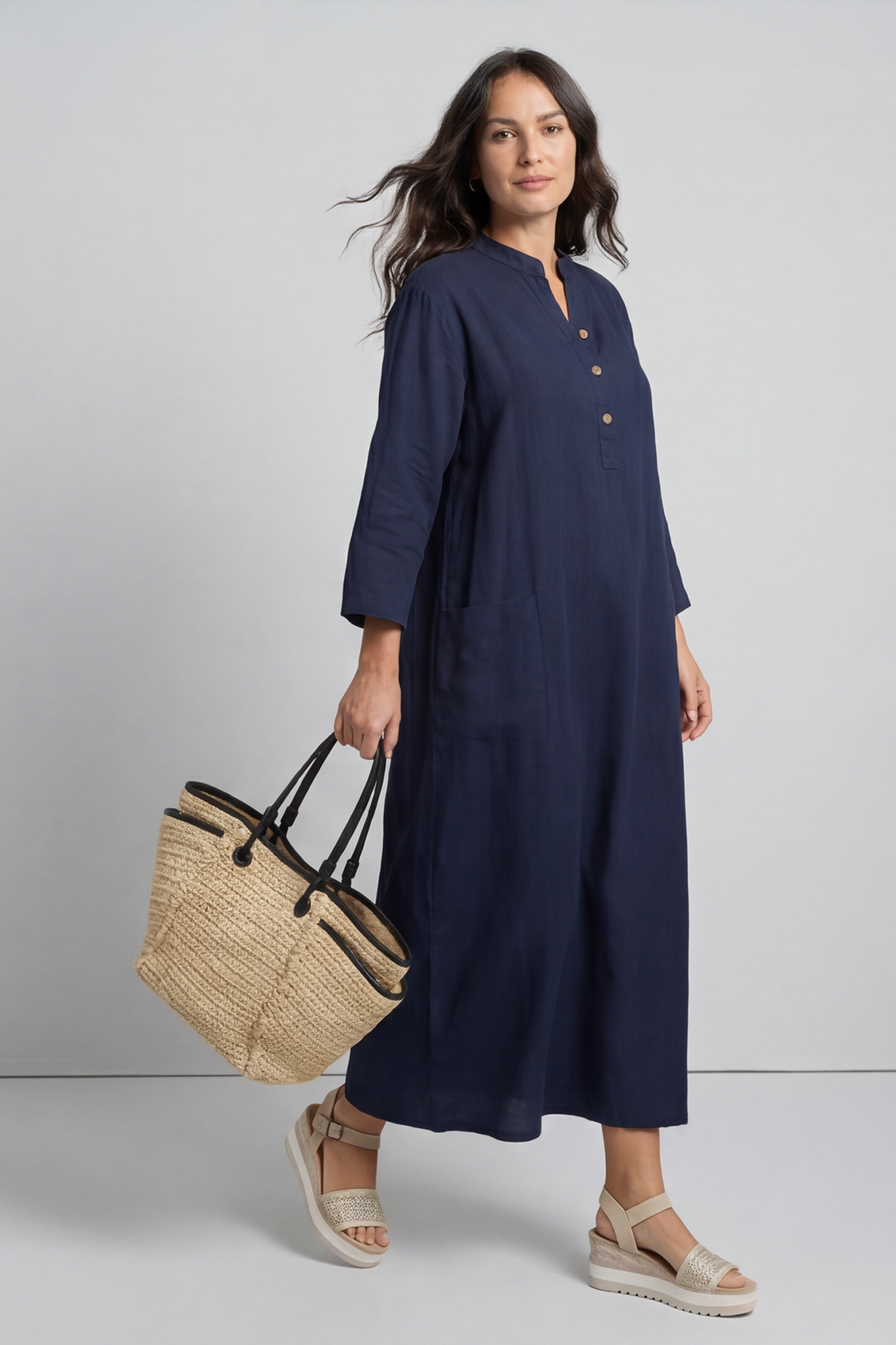 Reese Button Linen Dress Navy