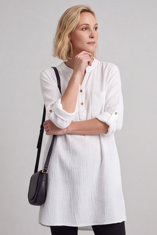 Rhiannon Crinkle Cotton White Tunic - Image 1