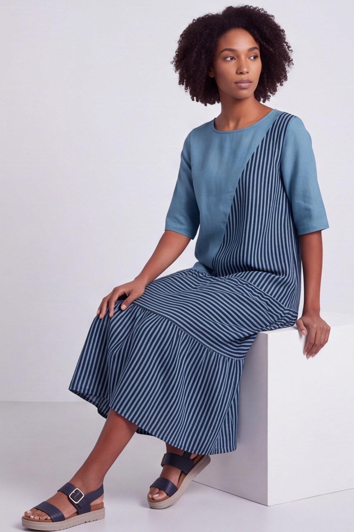 Rosa Stripe Blue Linen Dress