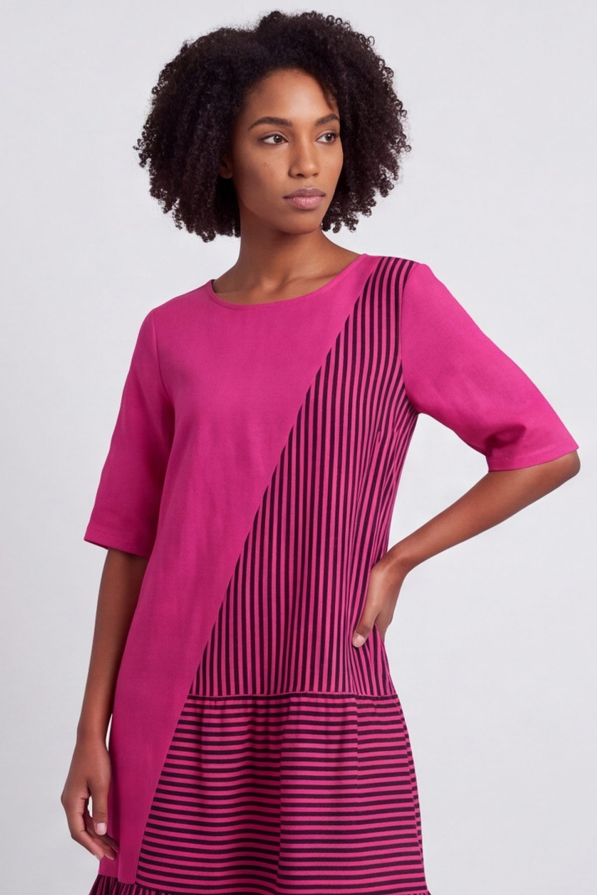Rosa Stripe Linen Fuschia Dress